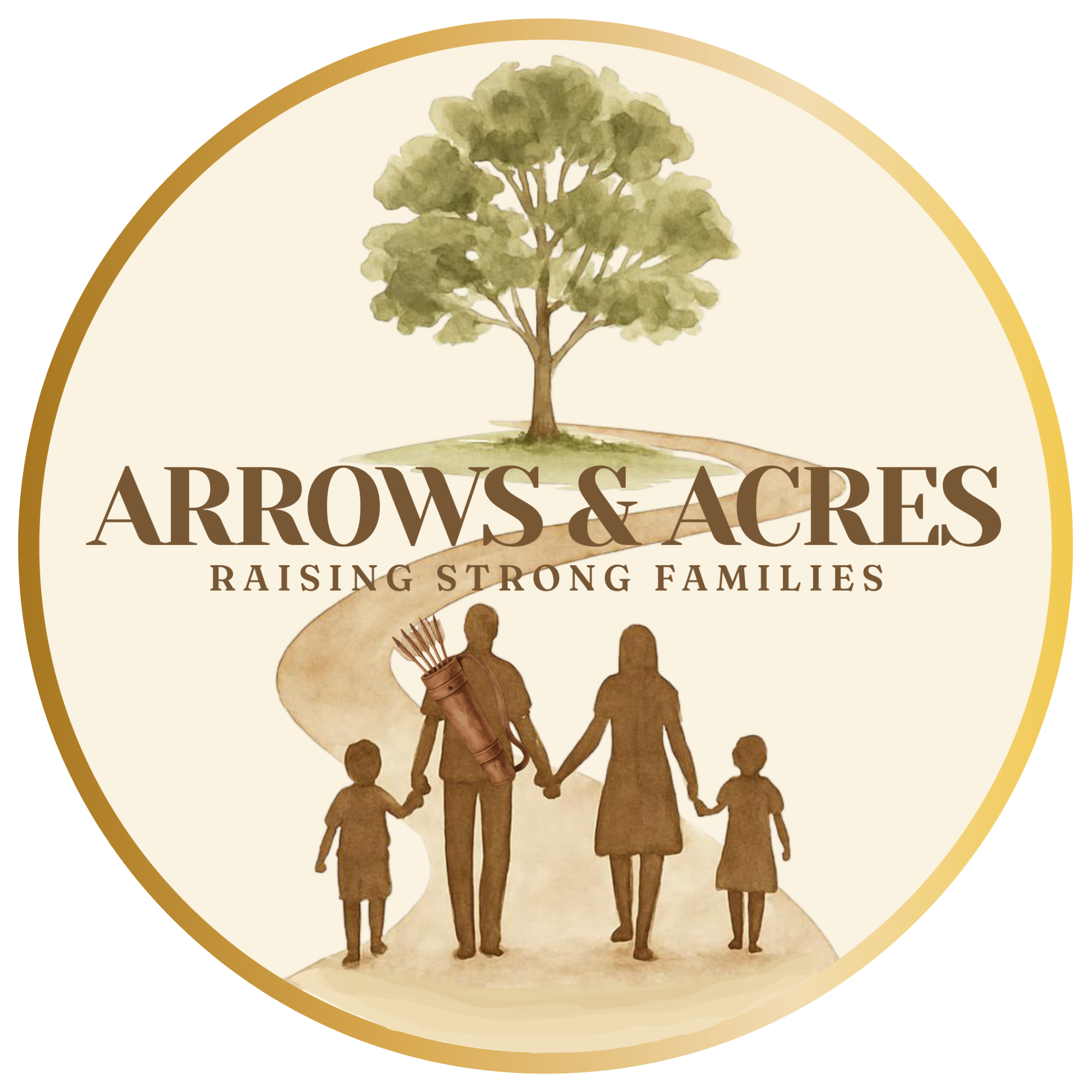 An Arrows & Acres family walking together toward a tree